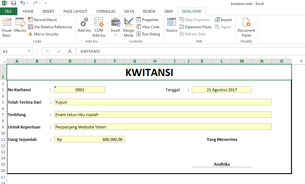 contoh kwitansi excel